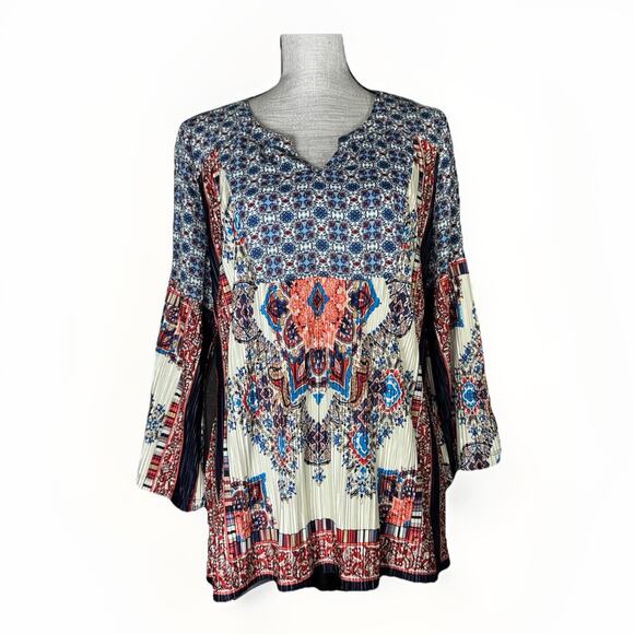 Anthropologie Fig And Flower Large Patchwork Colorful Pleat Boho Tunic Top Loose - Picture 1 of 5